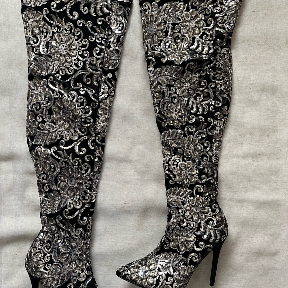 Black and Silver Sequins Over the Knee Stiletto Heel Boots Y2K